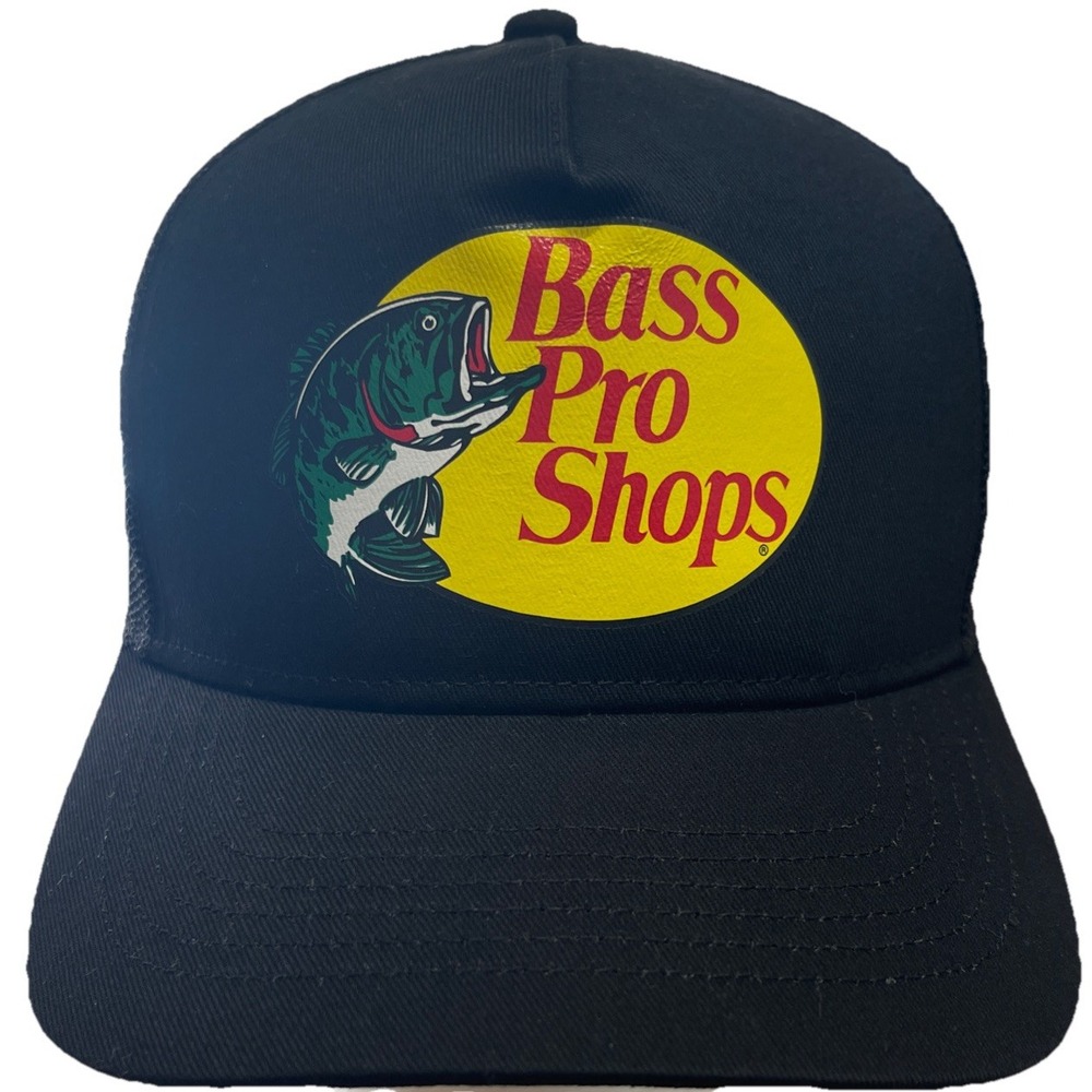 Bass Pro Shops Black Adjustable Mesh Trucker Hat Fishing Logo NEW
